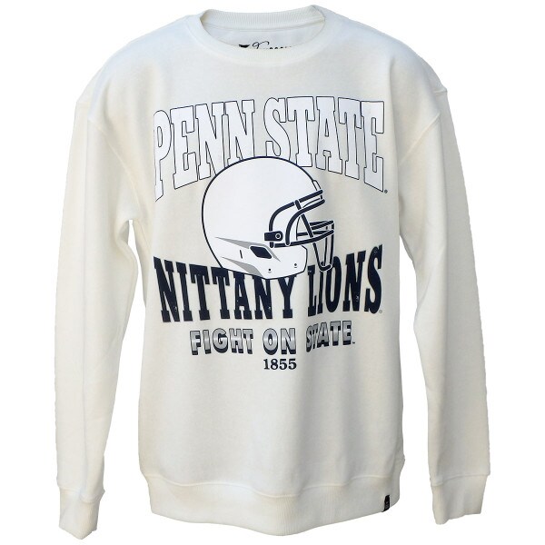 white long sleeve crew sweatshirt with Penn State Nittany Lions, football helmet, Fight on State, and 1855